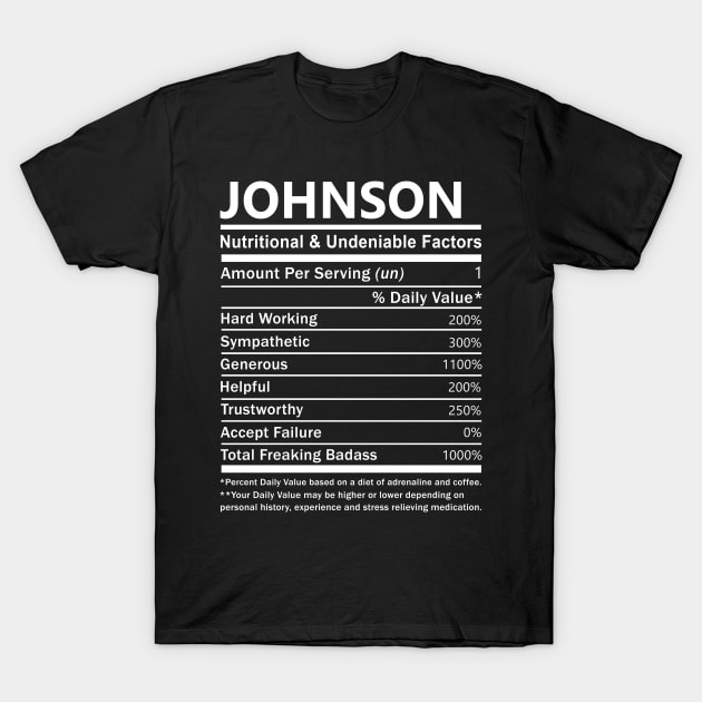 Johnson Name T Shirt - Johnson Nutritional and Undeniable Name Factors Gift Item Tee T-Shirt by nikitak4um